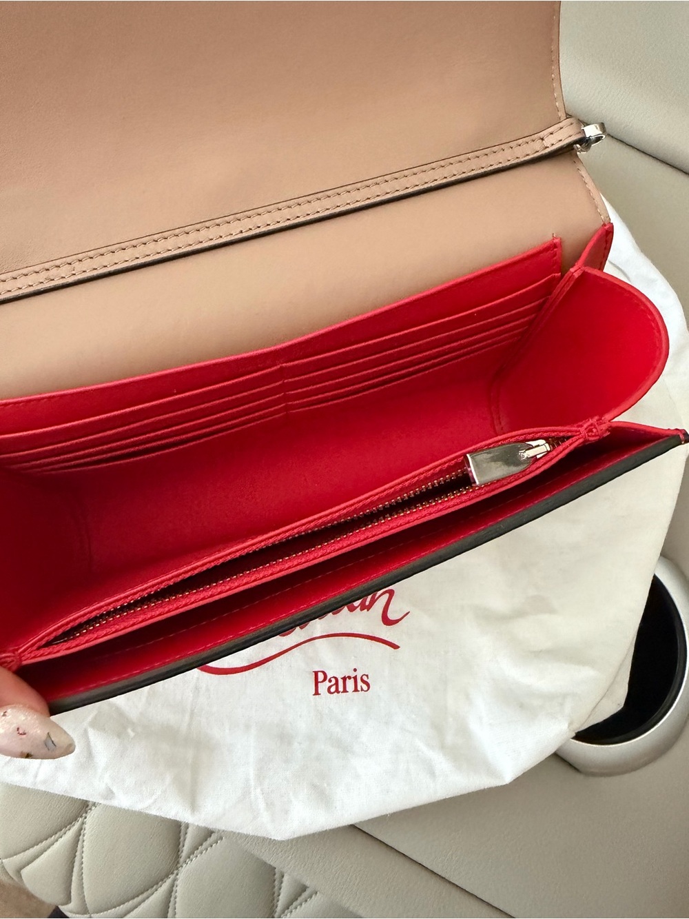 Christian Louboutin Taupe Pebbled Leather Studded Crossbody with Red Strap - Picture 2 of 7
